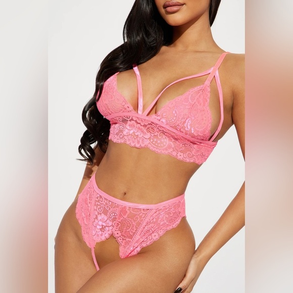 NWT Neon Pink Floral 2 Piece Lace Lingerie Set - OS - Picture 2 of 3
